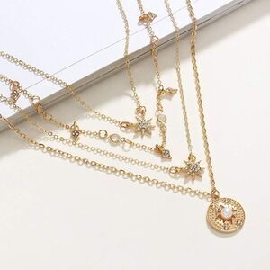 Fashion jewelry Multilayered Boho necklace Gold color Rhinestone Faux pearl